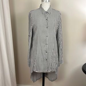 Max Studio extra long shirt. Gray white stripes. High low hem.